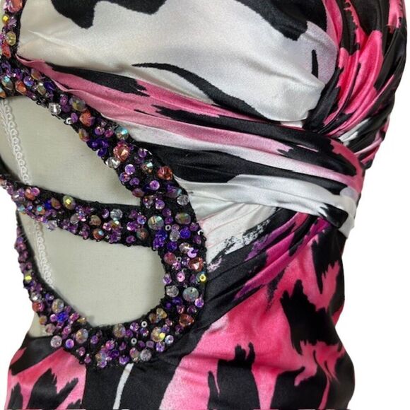 La Femme Formal Gown Sequin Strappy Animal Print Sexy Black White Pink Size 00 - Picture 3 of 16